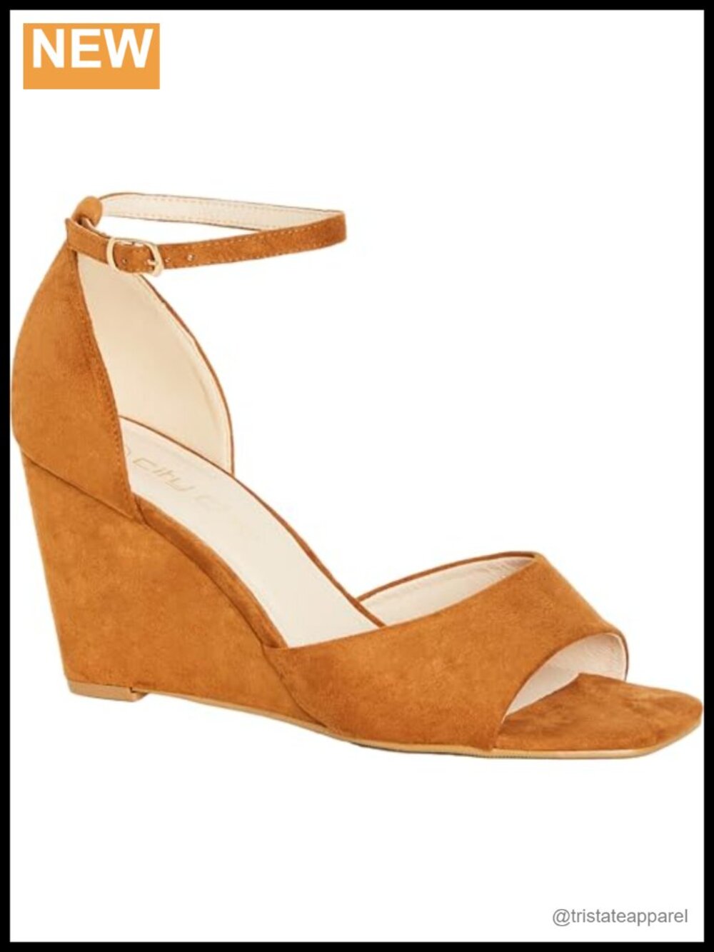 Faux Suede Square Toe Wedge Sandal with Ankle Strap